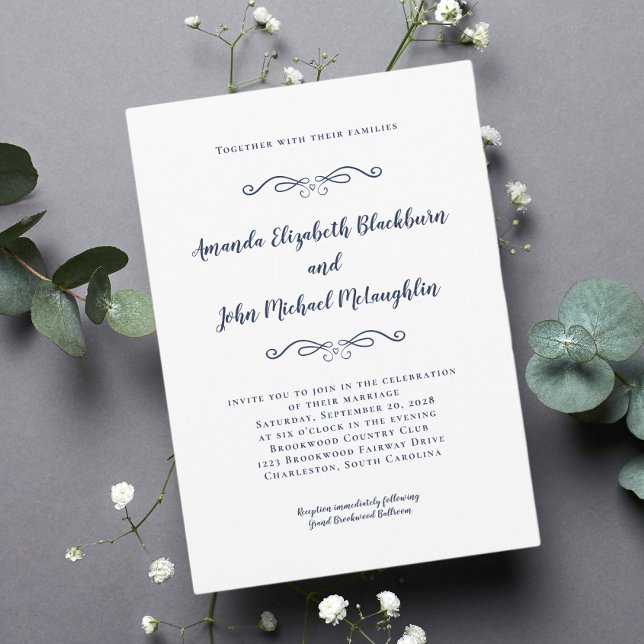 Klassisk Elegant Blå, vit, tidslös Bröllop Inbjudningar (Classic Elegant Blue White Timeless Formal Wedding Invitation)