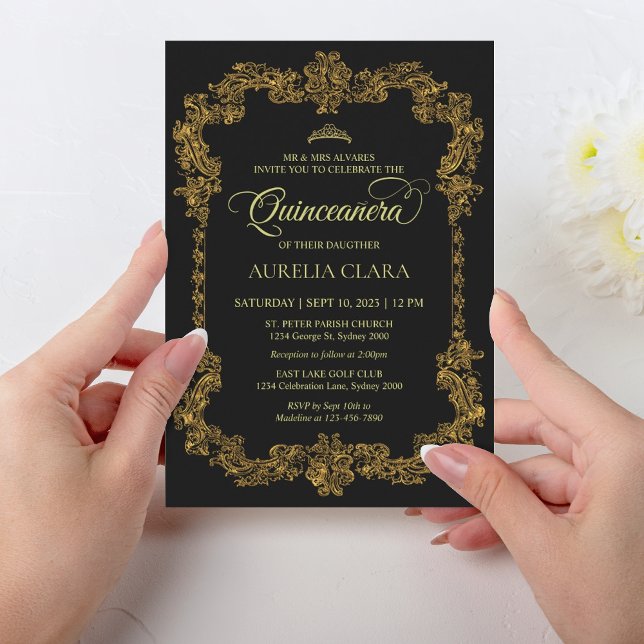 Klassisk Elegant Black Guld Tiara Quinceanera Inbjudningar (Skapare uppladdad)