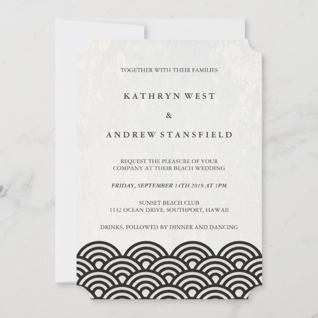Klassisk Elegant Black+White Beach Wedding Inbjudningar (Framsida)