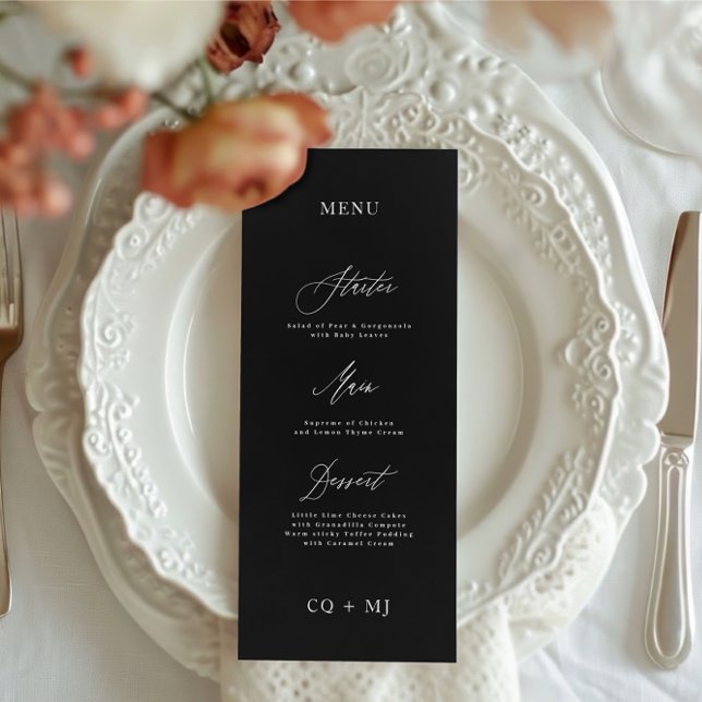 Klassisk Elegant Black White Calligraphy Bröllop Meny (Skapare uppladdad)