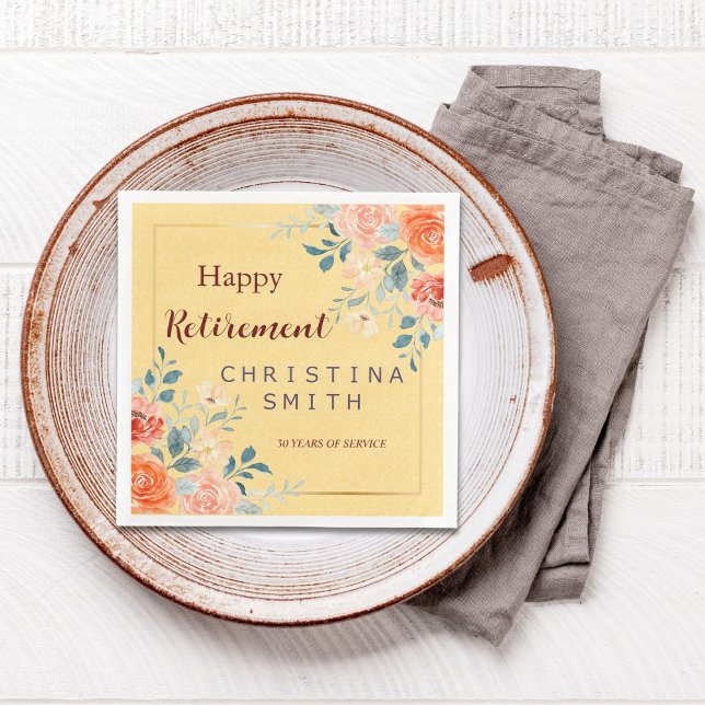 Klassisk Elegant Blommigt Vattenfärg Pension Party Pappersservett (Classic Elegant Floral Watercolor Retirement Party Paper Dinner Napkins)