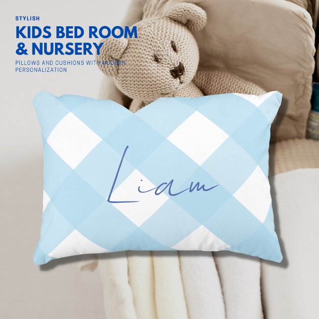 Klassisk Elegant Blue Gingham Boy Nursery Prydnadskudde (Skapare uppladdad)