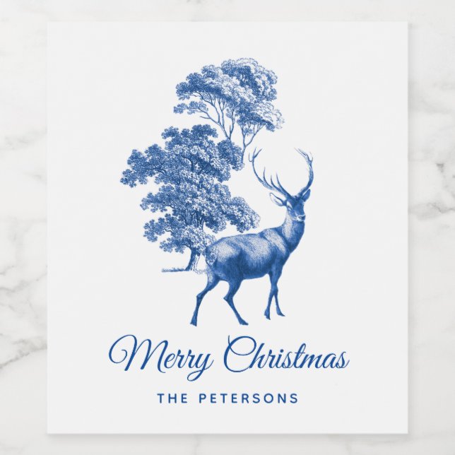 Klassisk Elegant Blue Toile-Hjort i skog Vinflaska Etikett (Singel etikett)