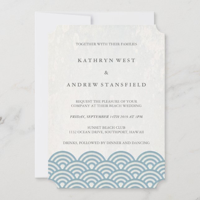 Klassisk Elegant Blue + White Beach Wedding Inbjudningar (Framsida)