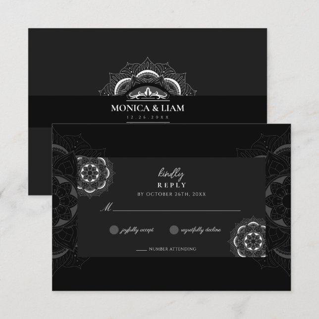 Klassisk Elegant Boho Mandala Ornate Black Bröllop OSA Kort (Fram/baksida)