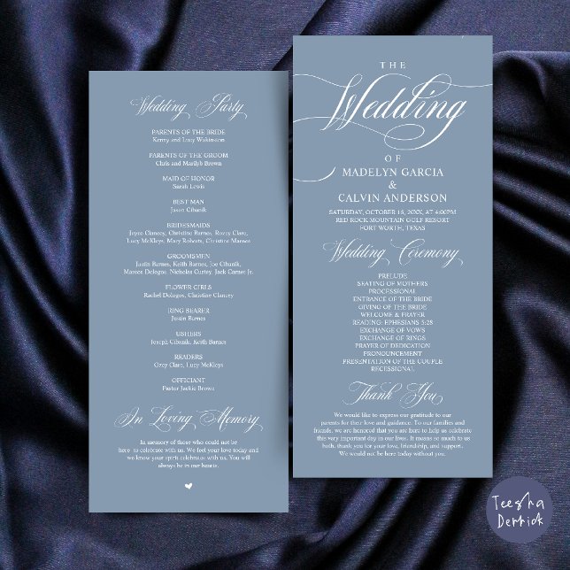Klassisk Elegant Bröllopsceremoni Ordning Tack Program (Classic Elegance Wedding Ceremony Order Thank you Program Card in Dusty Blue)