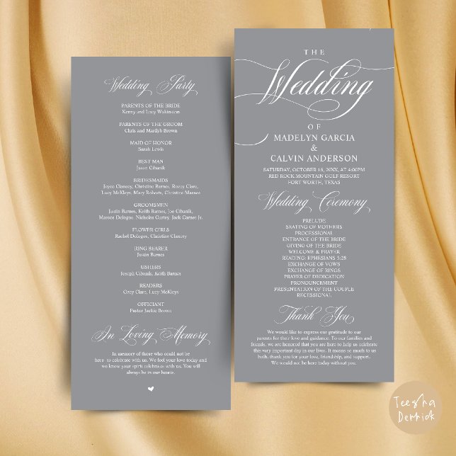 Klassisk Elegant Bröllopsceremoni Ordning Tack Program (Classic Elegance Wedding Ceremony Order Thank you Program Card in Dark Grey)
