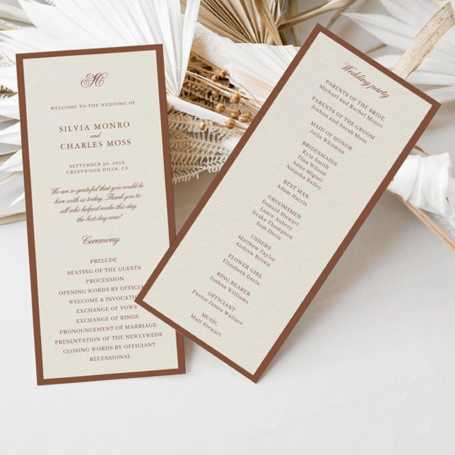 Klassisk Elegant Brown & Ecru-Bröllopsprogram (Classic Elegant Brown & Ecru Wedding Program)
