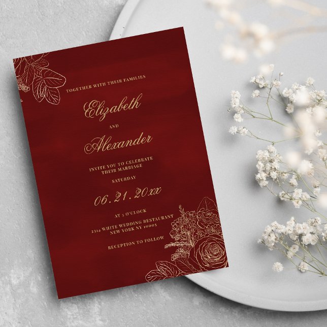 Klassisk elegant burgundy guld-blommor bröllop inbjudningar (Classic elegant burgundy gold foil flowers wedding)