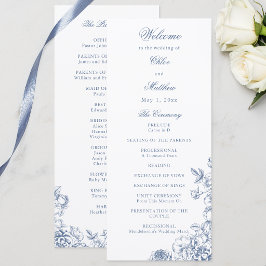 Klassisk Elegant Dammblå Blommig Bröllop Program