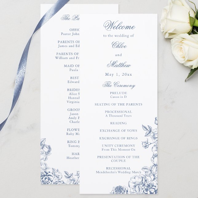 Klassisk Elegant Dammblå Blommig Bröllop Program (Skapare uppladdad)