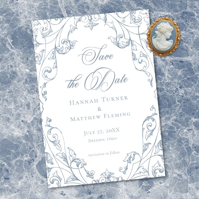 Klassisk Elegant Dammblå Blommig Ram Bröllop Spara Datumet (Classic Elegant Dusty Blue Floral Frame Wedding Save The Date)