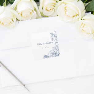 Klassisk Elegant Dammig Blå Blommig Bröllop Fyrkantigt Klistermärke