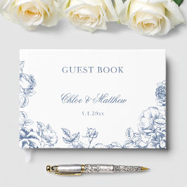 Klassisk Elegant Dammig Blå Blommig Bröllop Gästböcker