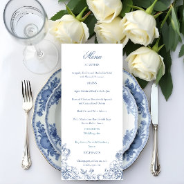 Klassisk Elegant Dammig Blå Blommig Bröllop Meny