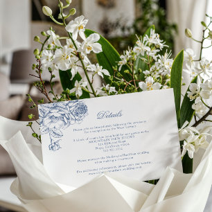 Klassisk Elegant Dammig Blå Blommig Bröllop Tilläggskort