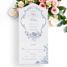 Klassisk Elegant Dammig Blå Blommig Ram Bröllop