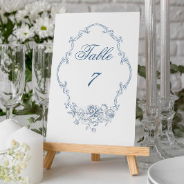 Klassisk Elegant Dammig Blå Blommig Ram Bröllop Bordsnummer