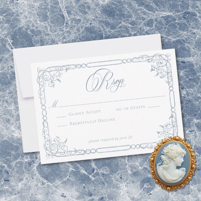 Klassisk Elegant Dammig Blå Blommig Ram Bröllop OSA Kort (Classic Elegant Dusty Blue Floral Frame Wedding RSVP Card)