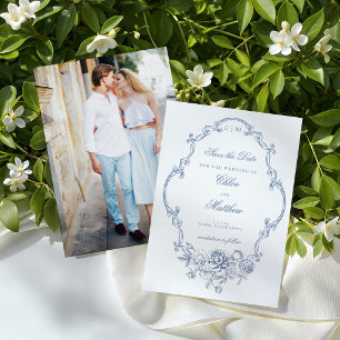Klassisk Elegant Dammig Blå Blommig Ram Bröllop Spara Datumet