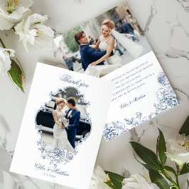 Klassisk Elegant Dammig Blå Blommig Ram Bröllop Tack Kort