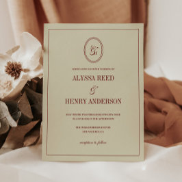 Klassisk Elegant Elfenben & Vinröd Monogram Bröllo Inbjudningar