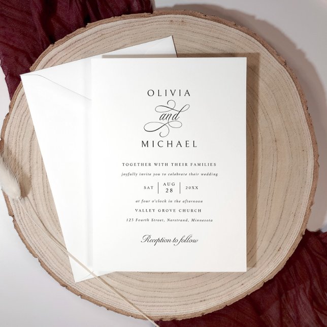 Klassisk Elegant Enkel Kalligrafi Bröllop Inbjudningar (Simple black and white wedding invitation with elegant classic calligraphy script.)