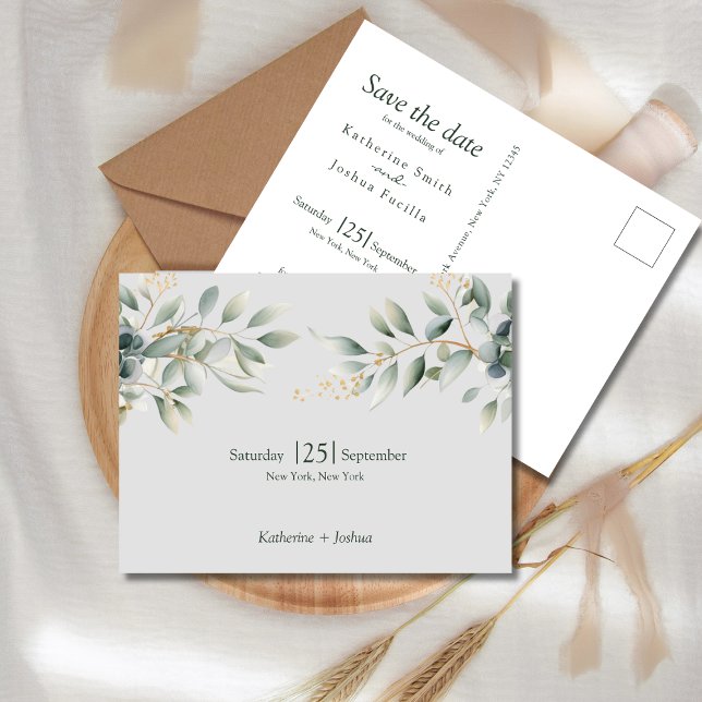 Klassisk Elegant Eukalyptus Bröllop Spara Datum Meddelande Vykort (Classic Eucalyptus Wedding Save the Date Postcard. Elegant Classic Style with watercolor eucalyptus)
