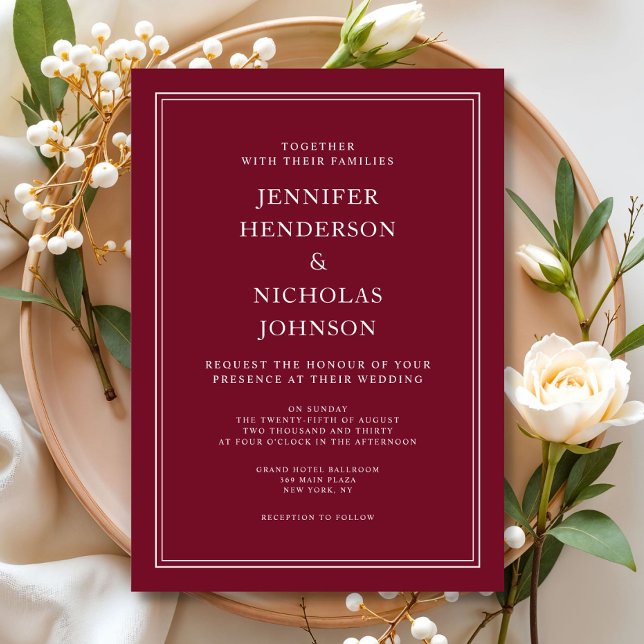 Klassisk Elegant Formal Burgundy Red Bröllop Inbjudningar (Classic Elegant Formal Burgundy Red Wedding Invitation)