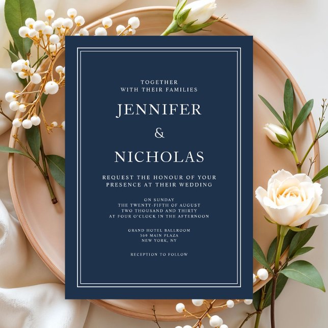 Klassisk Elegant Formell Marinblå Bröllop Inbjudningar (Classic Elegant Formal Navy Blue Wedding Invitation)