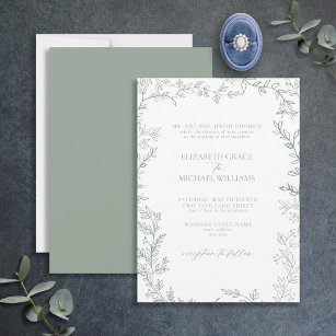 Klassisk Elegant Formell Sage Grönt Leafy Bröllop Inbjudningar