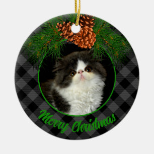 Klassisk elegant grått svart paid pinecone pet cat julgransprydnad keramik