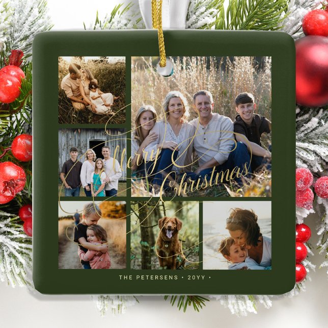 Klassisk elegant grönt guld 6 fotokollage julgransprydnad keramik (Skapare uppladdad)
