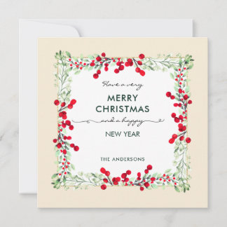 Klassisk Elegant Grönt Red Winter Foliage jul Julkort