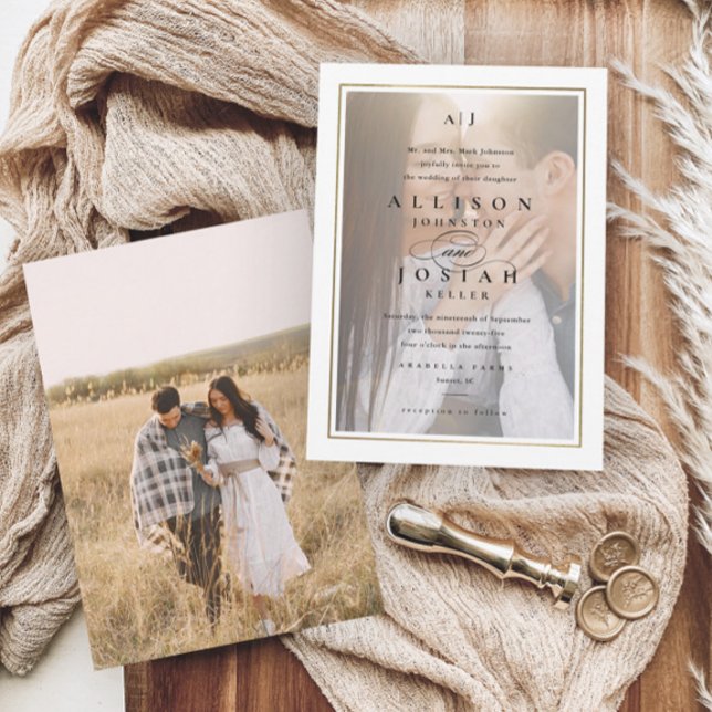 Klassisk Elegant Guld Photo Bröllop Inbjudningar (Elegant photo wedding monogram invitations.)