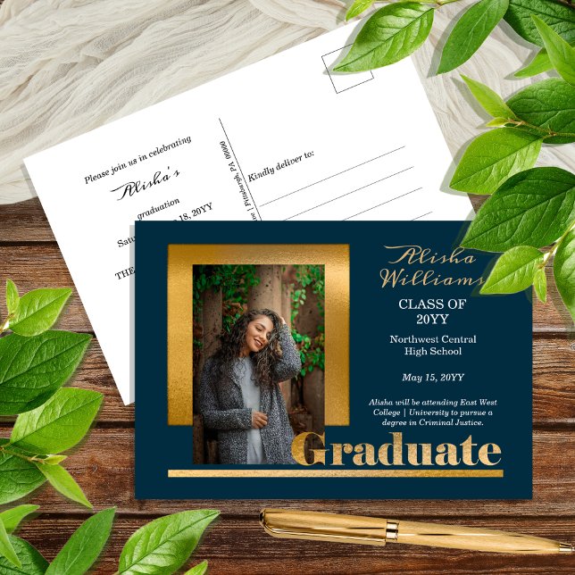 Klassisk Elegant Guld Text Examen 1 Foto Mörk Teal Vykort (Classy and Elegant Gold Tone Text "Graduate" One Photo Dark Teal Graduation Announcement Postcard)