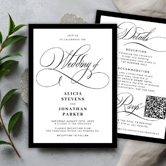 Klassisk elegant kalligrafi QR-kod bröllop Inbjudningar