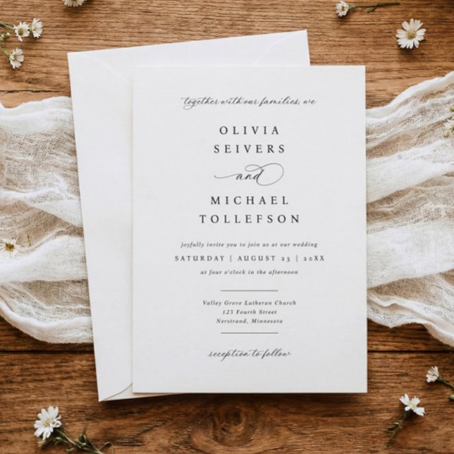 Klassisk Elegant Kalligrafi Svart & Vitt Bröllop Inbjudningar (Classic black and white wedding invitation with elegant calligraphy and traditional script)
