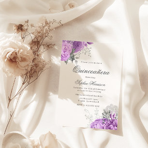 Klassisk Elegant Lavender Ro & Silver Quinceanera Inbjudningar