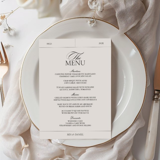 Klassisk Elegant Light Grått Vintage Label Bröllop Meny (Classic Elegant Light Gray Vintage Label Wedding Menu)
