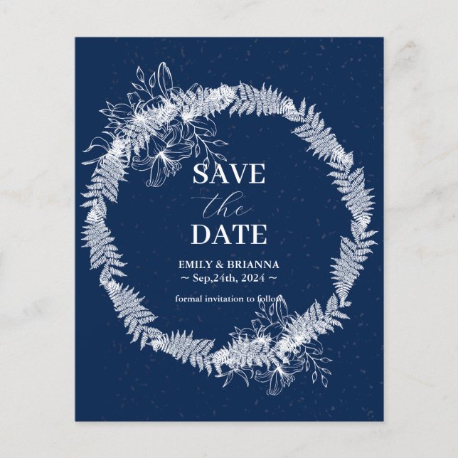 Klassisk Elegant, marinblå bröllop spara datum Flygblad (Framsidan)