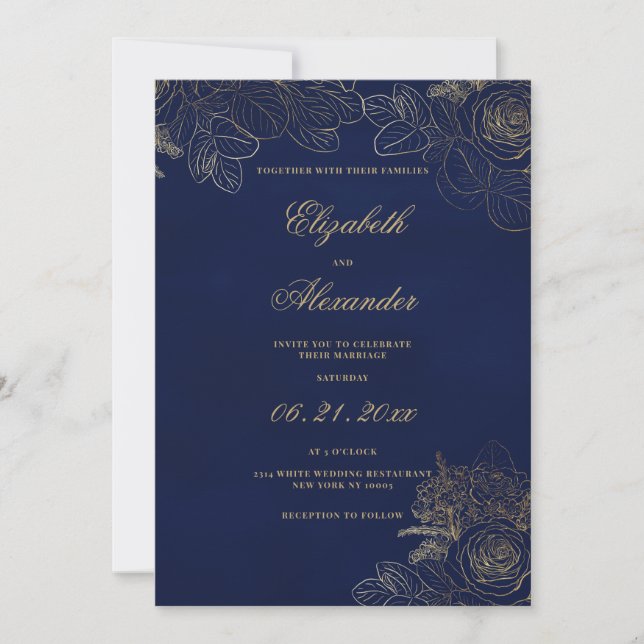 Klassisk elegant marinblå guld folie blom- bröllop inbjudningar (Framsida)
