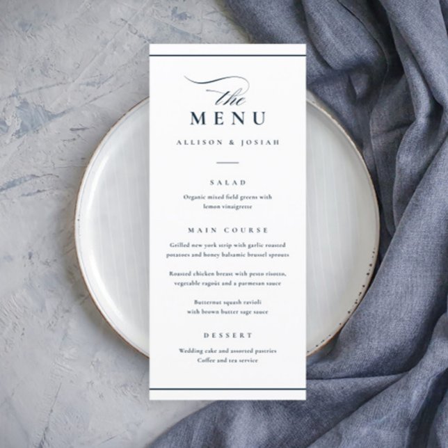 Klassisk Elegant Marinblå och Vit Bröllopsmeny Meny (Elegant Navy Blue and White Wedding Menu.)