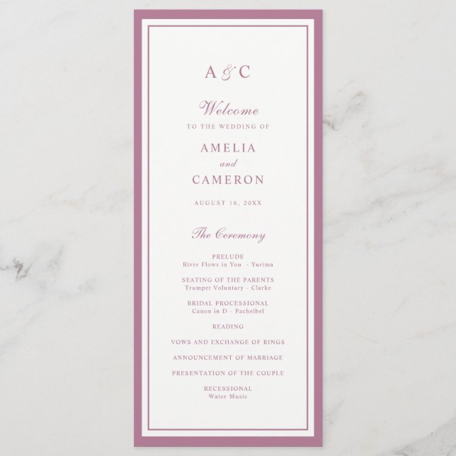 Klassisk Elegant Mauve Ros Ram Bröllopsprogram Program (Framsida)