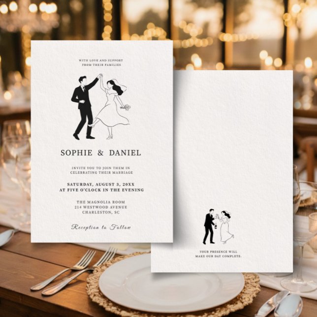 Klassisk Elegant Minimalistisk Handritad Linje Inbjudningar (Illustrated Wedding Invitation Template | Hand drawn Fun Invite | Double Sided Editable)
