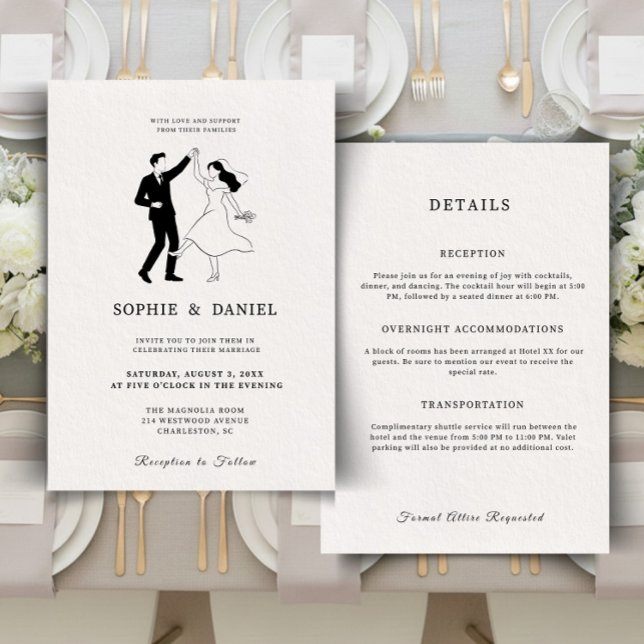 Klassisk Elegant Minimalistisk Handritad Linjedeta Inbjudningar (Illustrated Wedding Invitation Template | Hand drawn Fun Invite | Double Sided Editable)