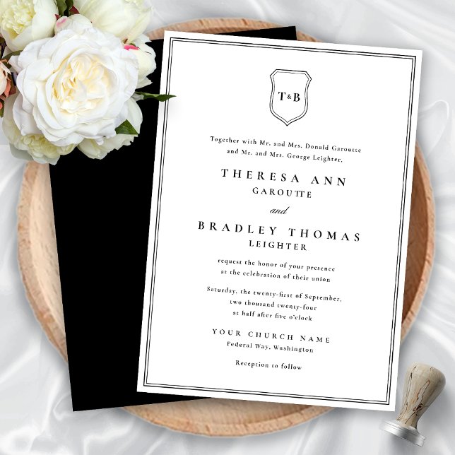 Klassisk Elegant Monogram Black Vapensköld Bröllop Inbjudningar (Classic Elegant Mongram Black Crest Wedding Invitation)