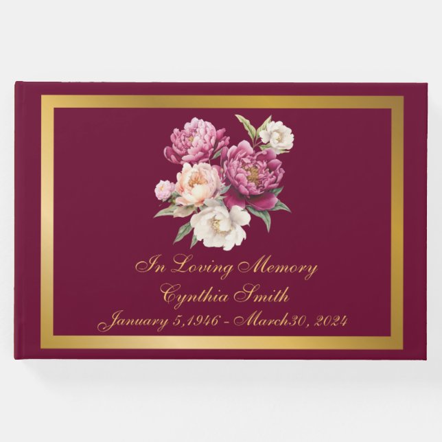 Klassisk, Elegant Peony Memorial Funeral Guestbook Gästböcker (Framsida)