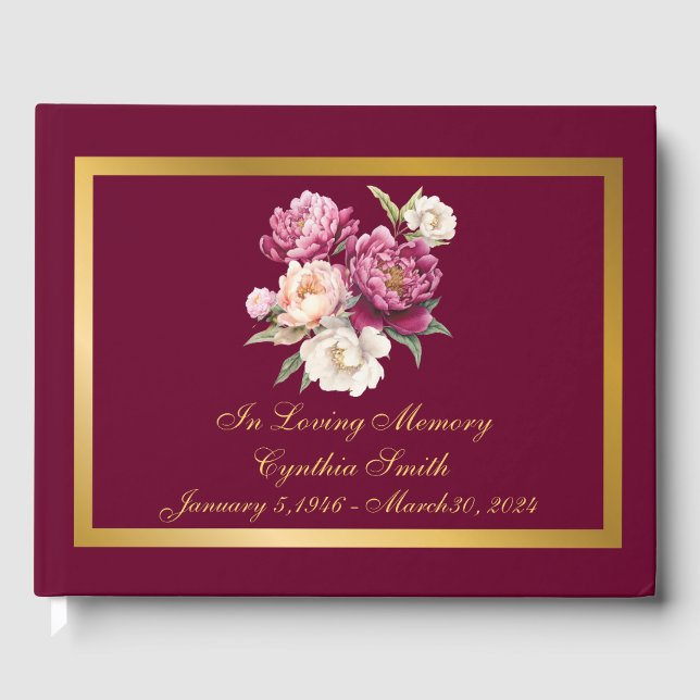 Klassisk, Elegant Peony Memorial Funeral Guestbook Gästböcker (Framsida)