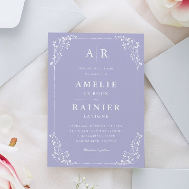 Klassisk Elegant Periwinkle Romantic Bröllop Inbjudningar (Periwinkle Pastel Classic Wedding Invitation)